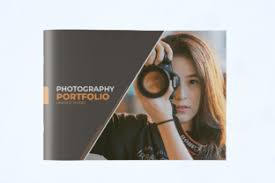 A modern photography portfolio booklet with a sleek design, featuring a female photographer holding a camera lens.A stylish photography portfolio booklet cover featuring a female photographer holding a camera.