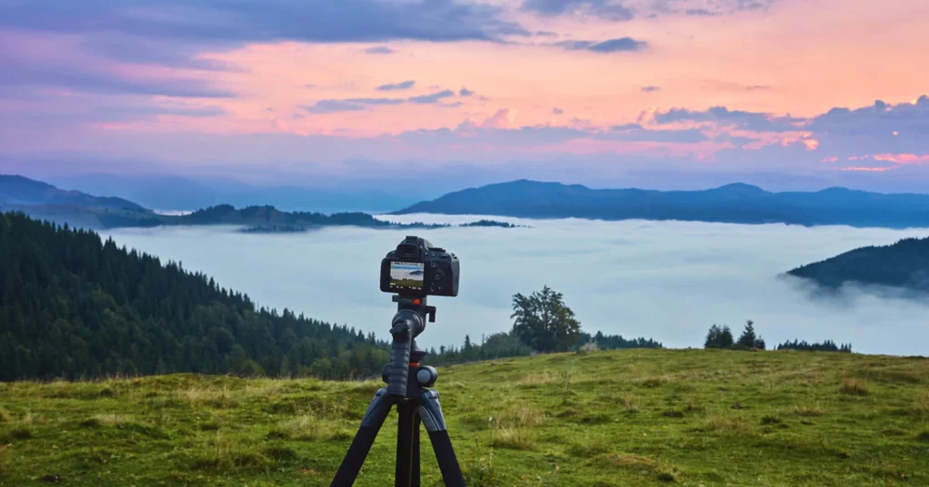 Outdoor photography setup capturing a scenic landscape.